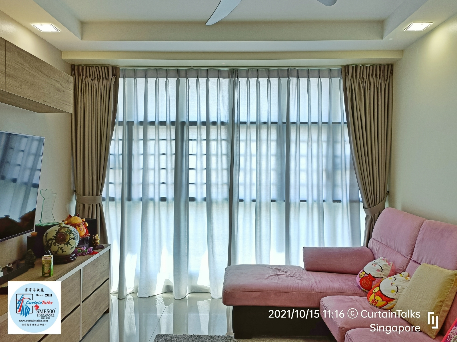 This is a Picture of day and night curtain at  Singapore HDB 195E Pungnol Road, light grey sheer, with light brown night curtain